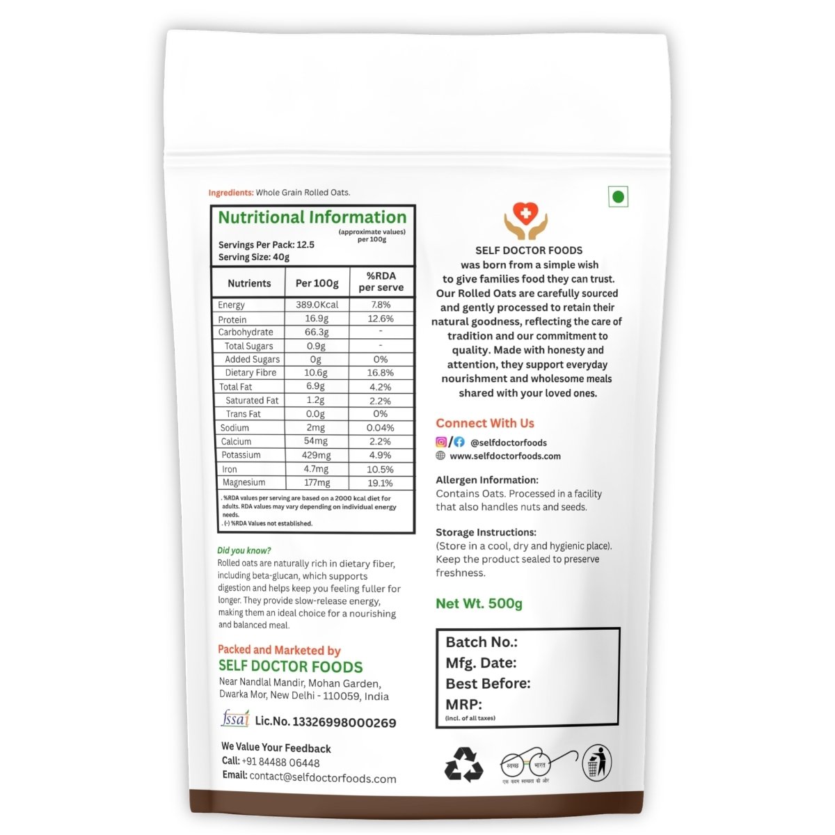 Rolled Oats Pouch 500g back